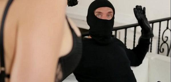  Business woman with a gun robs this robber of his cum